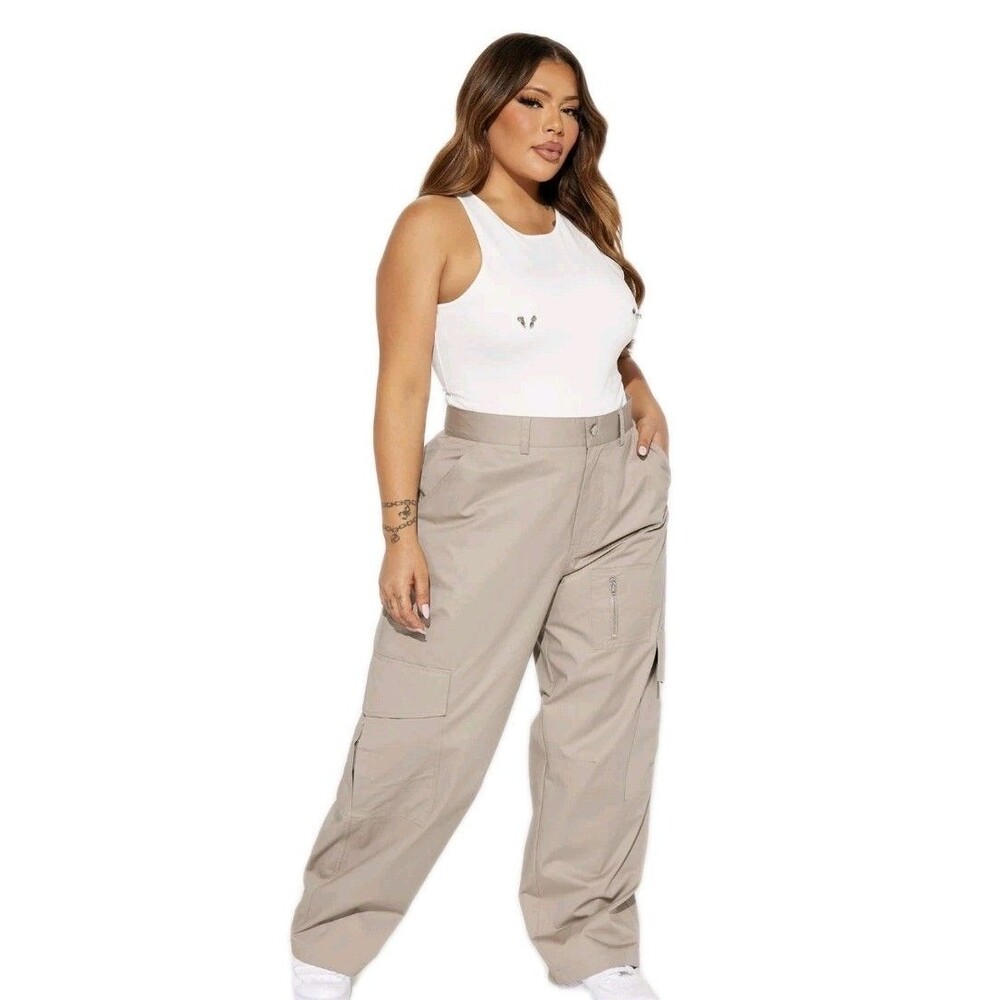 NWT Fashion Nova Kathleen Cargo Pants Stone Beige Wide Leg Utility Womens 2X